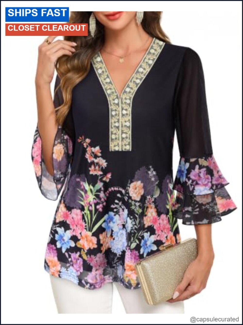 Fitted V-Neck Blouse 3/4 Sleeve Mesh Top Ruffle